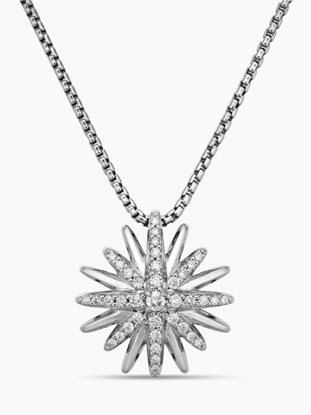 Silver Starburst Pendant Necklace with Clear Stones